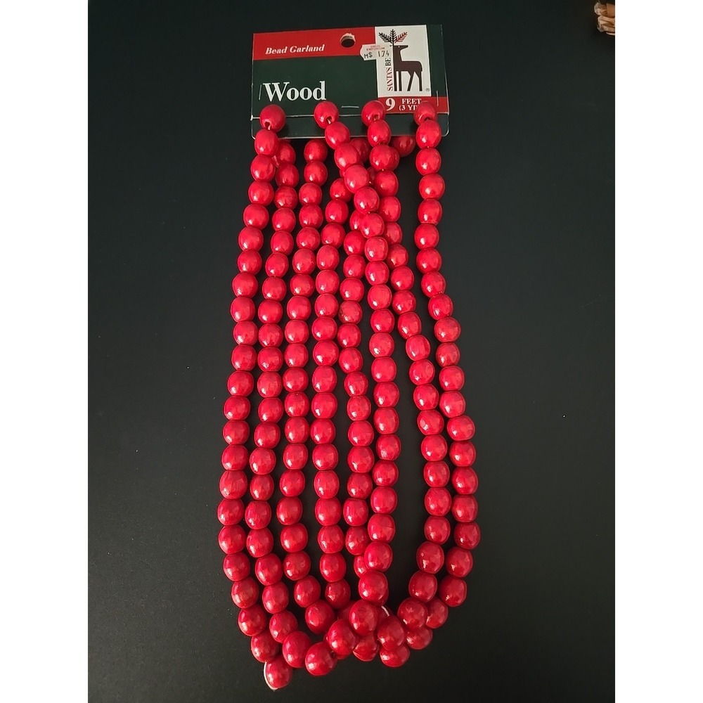 NOS Vtg Christmas Wooden Wood Bead Beads Garland Red 9 Feet 3 YDS Santa's Best